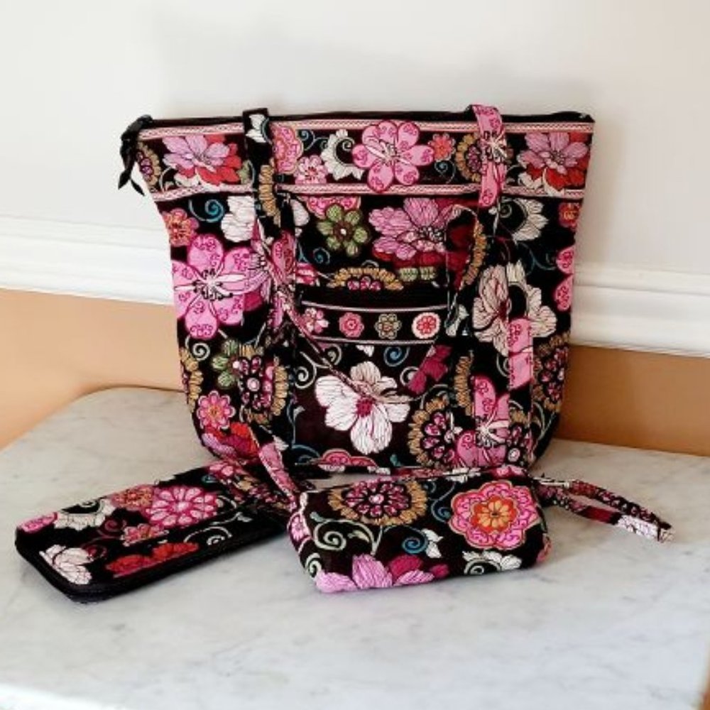 Vera Bradley Large Tote Bundle Make Up Case & Wallet